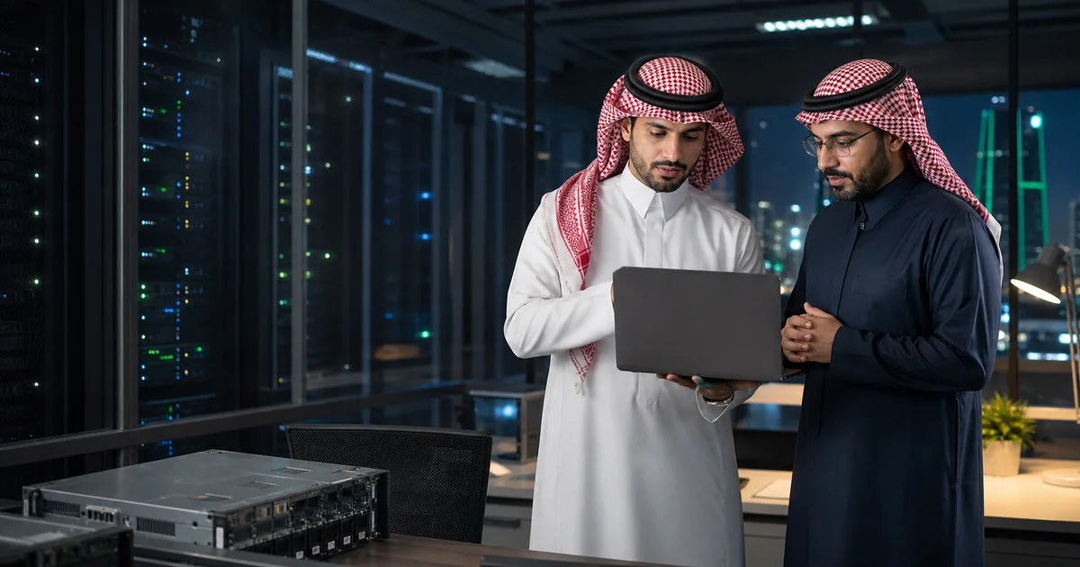 مهندسان سعوديان يراجعان بنية خوادم شركة داخل غرفة تشغيل حديثة
