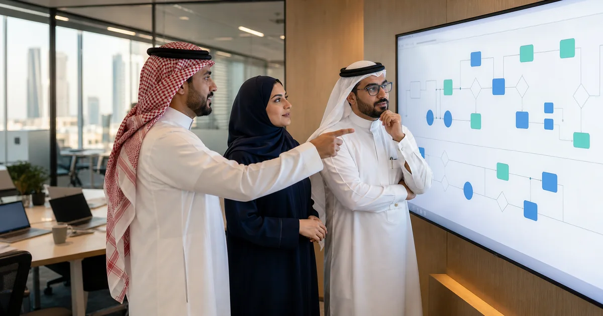 فريق عمليات سعودي يراجع مخطط سير عمل مؤسسي مترابط