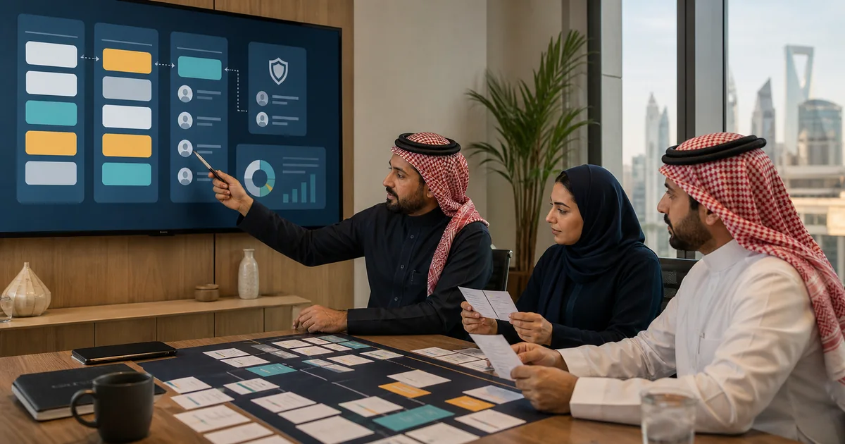 فريق سعودي يراجع مراحل العملاء والصلاحيات في ورشة اختيار نظام إدارة علاقات العملاء
