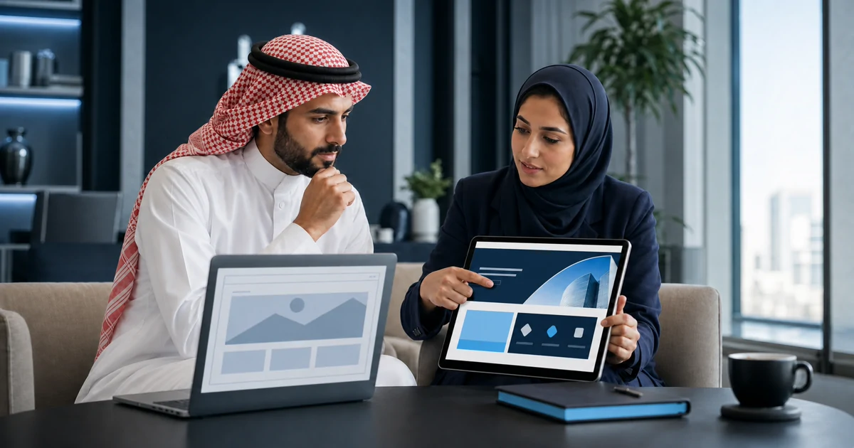 صاحب شركة سعودي ومستشارة رقمية يقارنان نموذج موقع بسيطًا بتصميم موقع احترافي