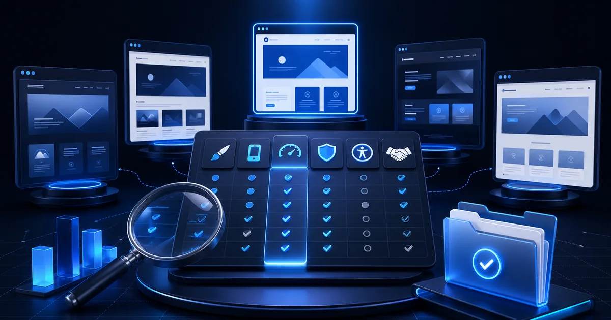 لوحة رقمية تقارن عروض شركات تصميم المواقع وفق الأداء والأمان والإتاحة والتسليم