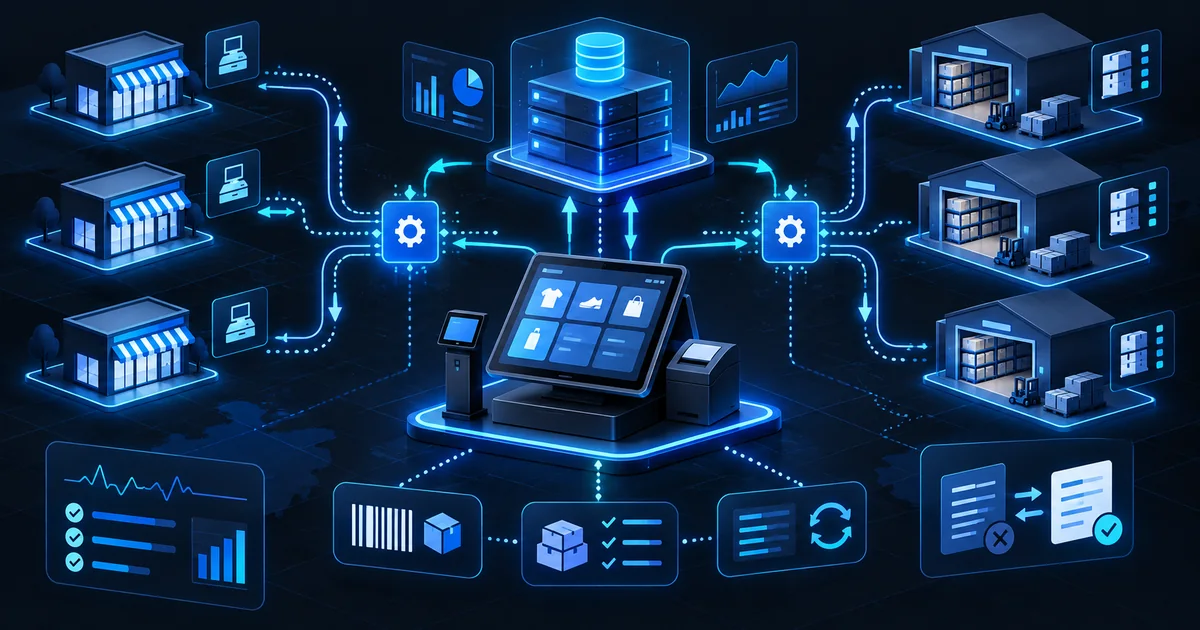 مخطط أزرق يربط نقاط بيع متعددة بمنصة ERP ومستودعات المخزون