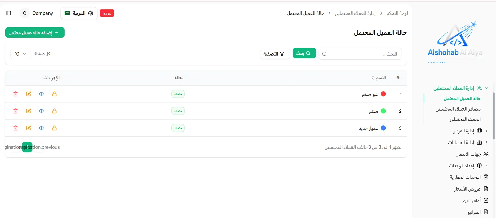 حالة العميل المحتمل في النظام — تصنيف الحالات مع قائمة وحدات CRM